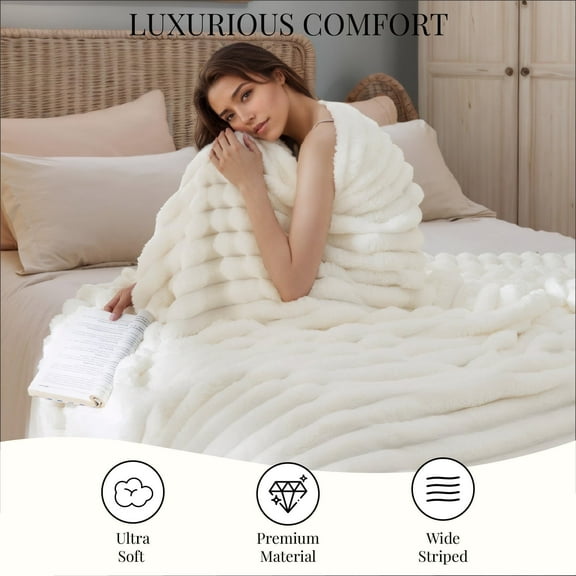Cozy Comfort White Throw Fleece Blanket for Couch, Super Soft Cute Small Throws for Girls, 50x60 inches, Wider Striped Design