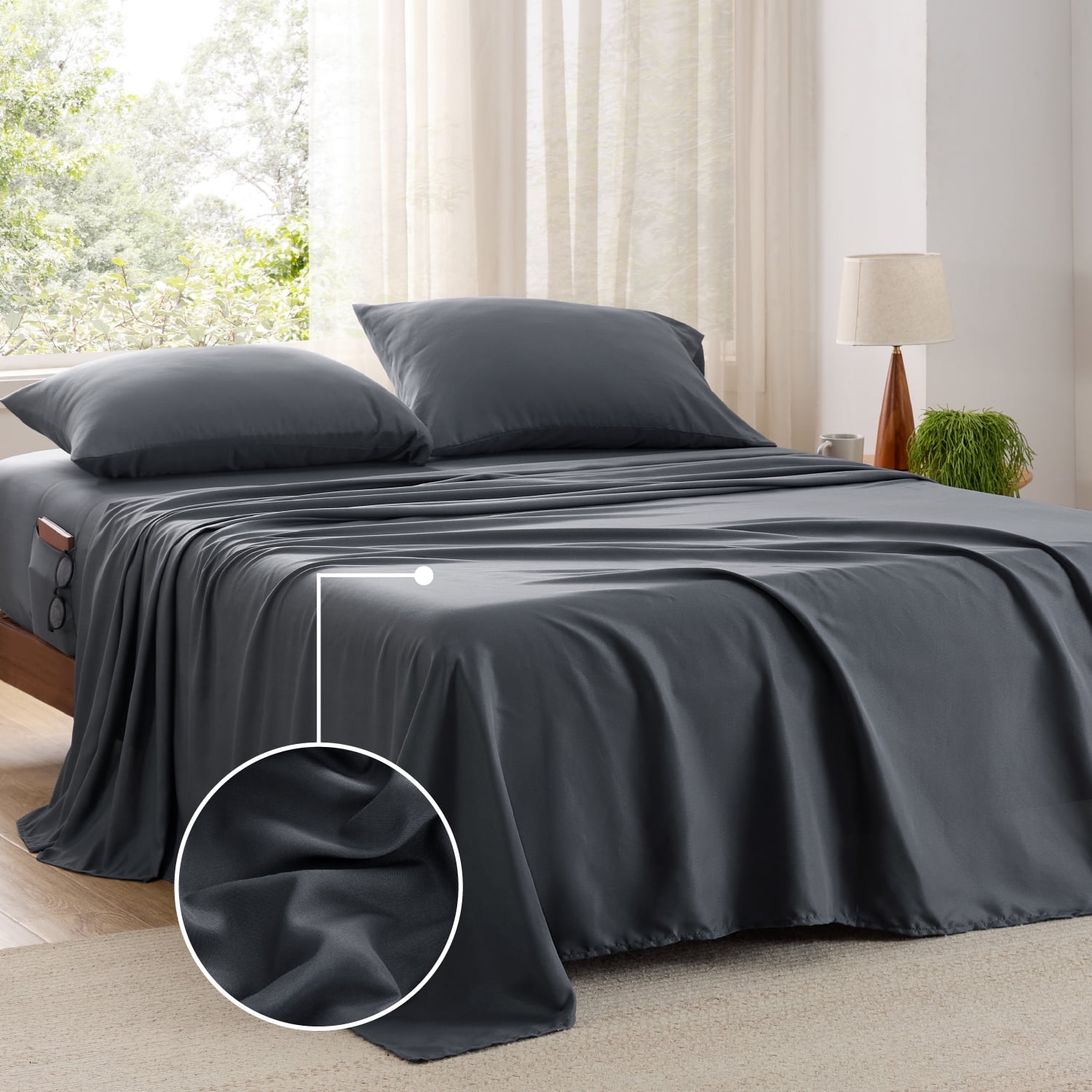 Cozy Comfort Queen Bed Sheets with Side Pocket,4 Pieces Polyester Microfiber Bed Sheet Set,Dark Gray