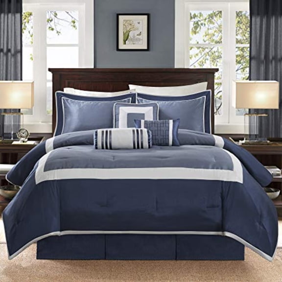 Cozy Comforter Set-Deluxe Hotel Collection All Season Down Alternative Luxury Bedding with Matching Shams Decorative Pillows Queen 90x90 Genevieve Navy 7 Piece