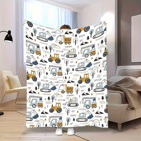 Cozy Construction Vehicle Flannel Blanket – Fun and Artistic Design with Bulldozers, Cranes, Trees & Clouds, Machine Washable, All-Season for Home or Camping, Cozy Blanket