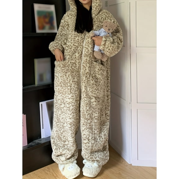 Cozy Coral Fleece Leopard Print Women'S Winter Pajama Set - Thick Hooded Onesie with Zipper, Long Sleeves Fluffy for Home Relaxation, Cozy Clothing Onesie