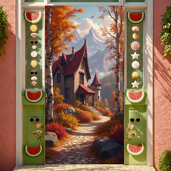 Cozy Cottage Autumn Scenery Fairy Tale Mountain Landscape Banner for Home Decoration Seasonal Display Outdoor Decor