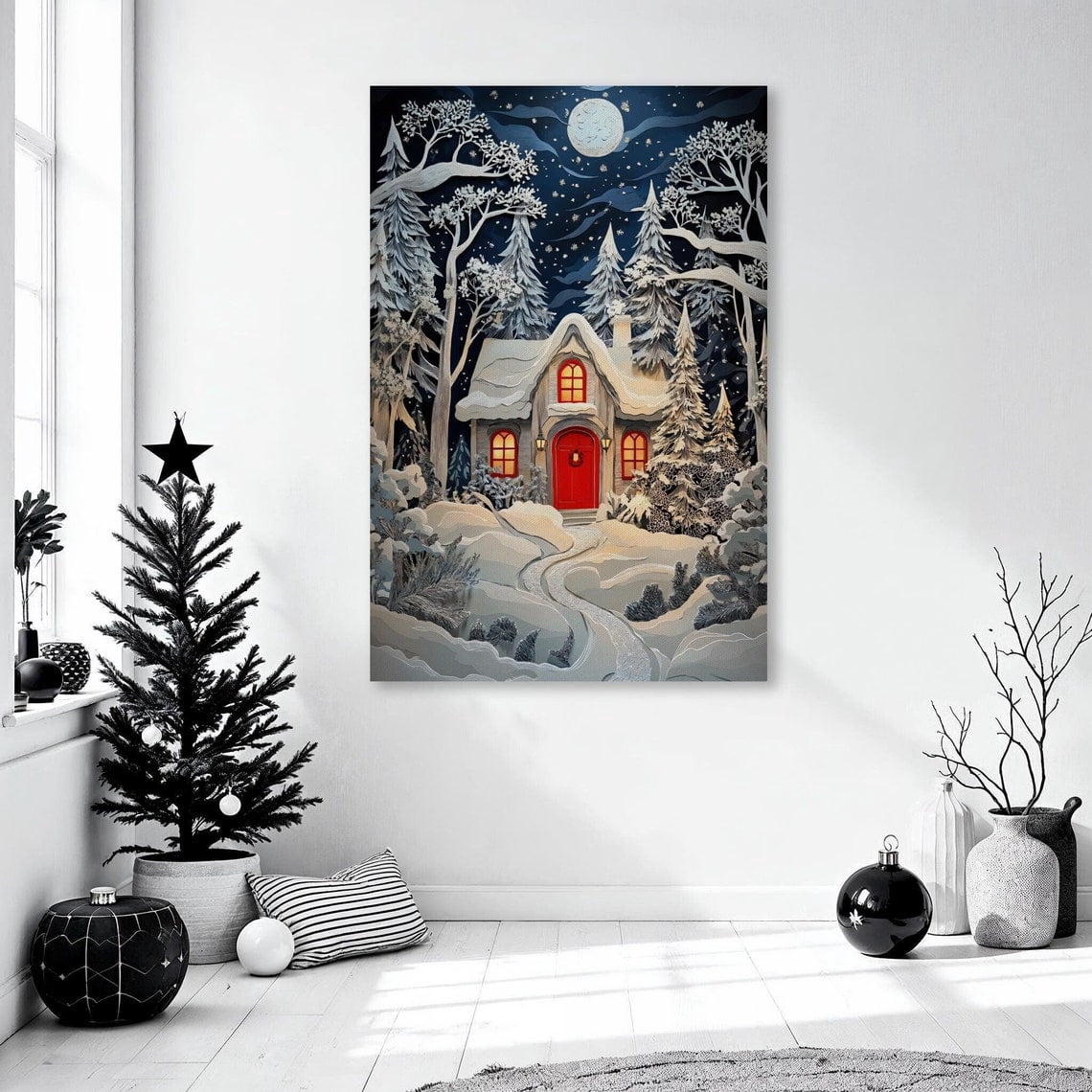 Cozy Cottage In Snowy Forest Wall Art Winter Night Scene Poster Poster ...