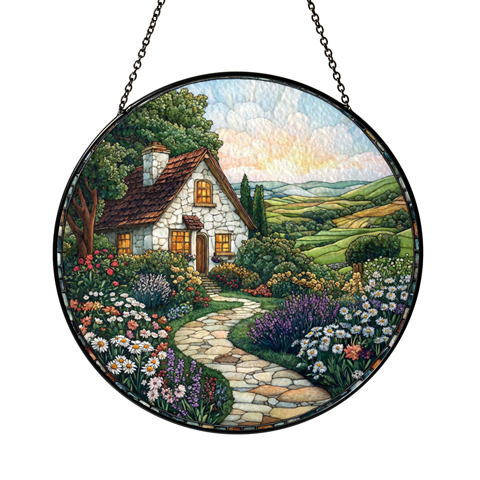 Cozy Cottage UV Printed Glass Suncatcher with Stone Path and Flower ...