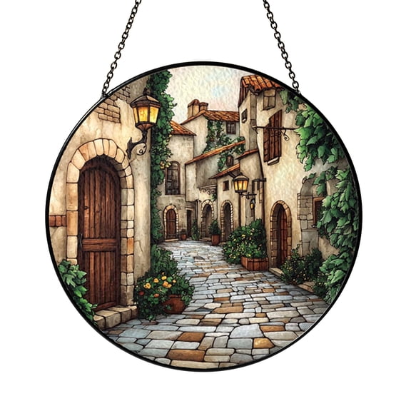 Cozy Cottage Village Stained Glass Style Suncatcher Window Hanging, Charming Stone House Sun Catcher Ornament, Cobblestone Street Window Art, Rustic Village Home Decor Gift