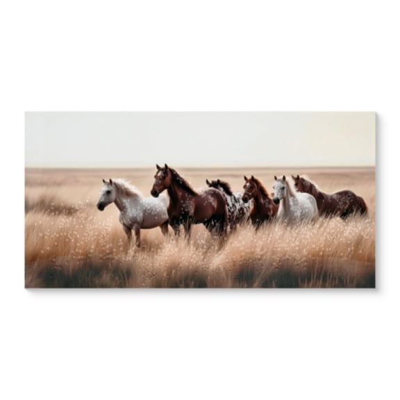 Cozy Country Rustic Horses Wall Art Decor, Wild Animals Walking on Grassland, Farmhouse Ponies Portrait for Living Room Bedroom, 40"x20", Unframed, Brown+Cottage White, Ready to Hang with Metal Hook