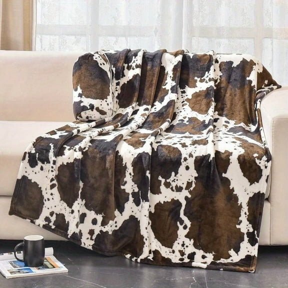 Cozy Cow Print Flannel Throw Blanket with Storage Pouch - Soft, Lightweight, and Warm Fleece for Couch or Bed | Rustic Brown