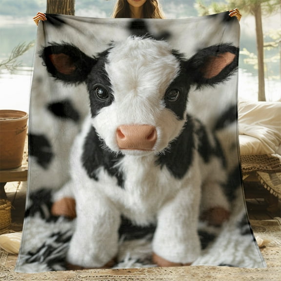Cozy Cows Print Flannel Blanket - Soft Warm Polyester Fleece Throw for Sofa, Bed, Travel - All Seasons Chunky Knit Blanket, Machine Washable - Ideal Gift for Family and Friends