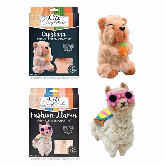 Cozy Craftworks Chenille Stem Craft Kit for Adults Teens, Fuzzy Pipe Cleaners to Create Llama and Capybara