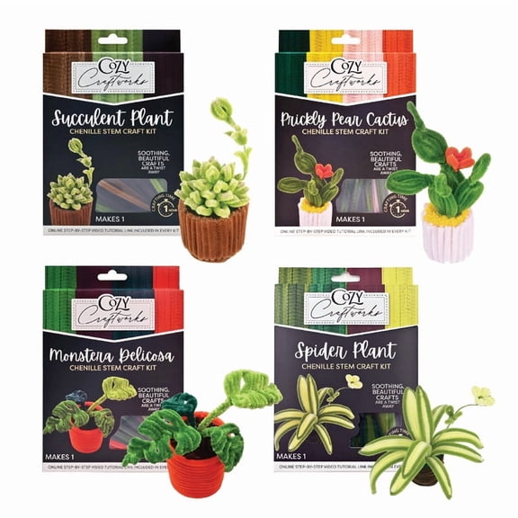 Cozy Craftworks Chenille Stem Craft Kit for Adults Teens, Fuzzy Pipe Cleaners to Create 4 Plants