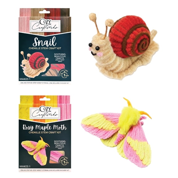Cozy Craftworks Chenille Stem Craft Kit for Adults Teens, Fuzzy Pipe Cleaners to Create Snail and Moth