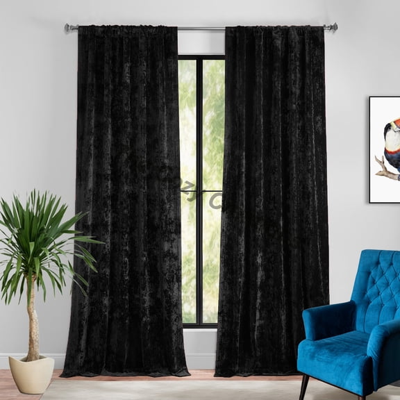 The Cozy Creation 48 in Wide Luxurious Crushed Velvet Curtains for Living Room - Rod Pocket Blackout Room Darkening Heavy Velvet Window Drapes, Black Velvet, 1 Panel, 48" W x 190" L