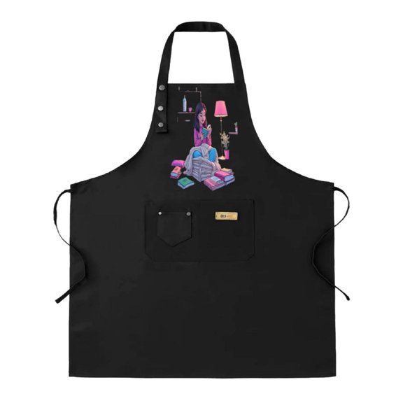 Cozy Creative Kitchen 2-Pack Bib Apron Set - Adjustable with 2 Pockets Featuring Whimsical Book - Loving Illustration for Chefs
