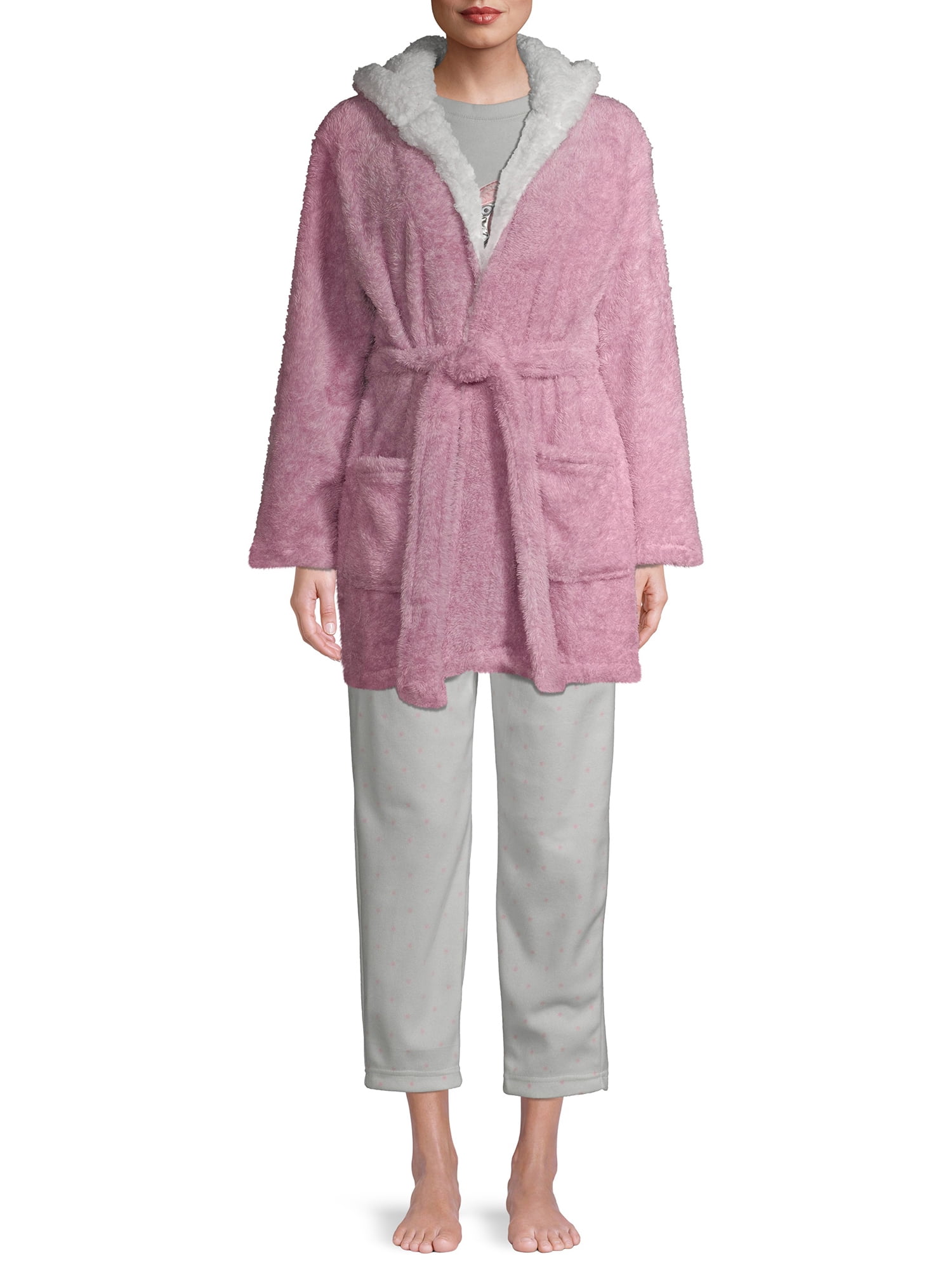 Cozy Critter Durable Hooded Pockets Solid Print Evening Bathrobe (Women