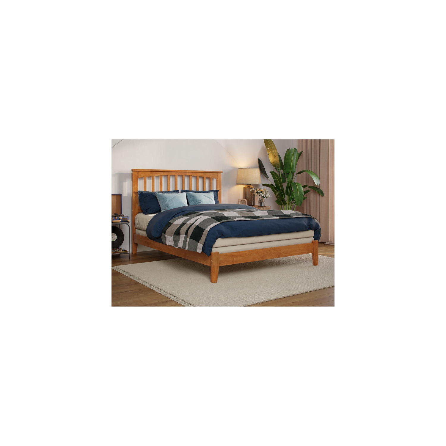 Maykoosh Southwestern Style Full Foundation Bed with Charging Station, Light Toffee, 77.24" x 56.93" x 44.29" - Solid Wood, Box Required