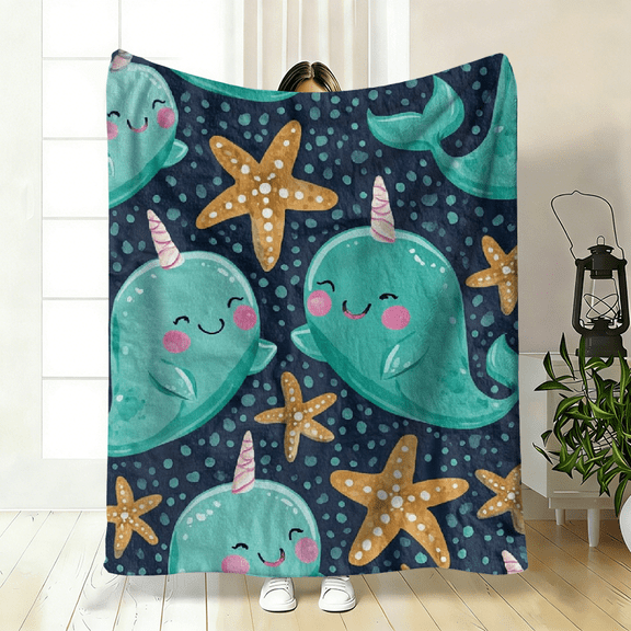Cozy Cute Ocean Theme Flannel Blanket, Soft Breathable, Playful Shark Starfish Print in Teal Blue Golden, Scandinavian Style.