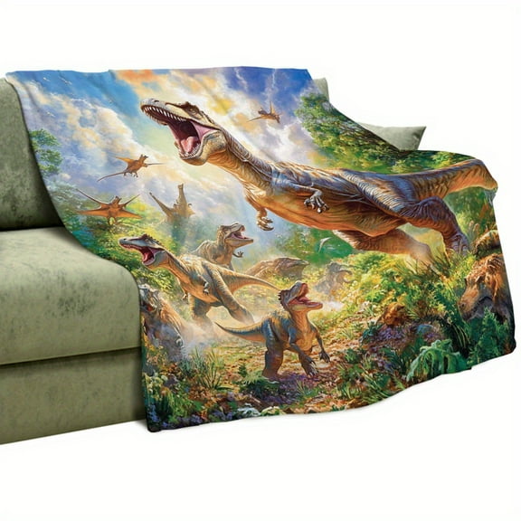 Cozy Dinosaur Jungle Adventure Throw Blanket - Soft Flannel, 280GSM, Vibrant T-Rex & Prehistoric Forest Design, All-Season Plush Fleece for Bed, Couch, Sofa - Perfect Gift for Youngsters & Adults, Di