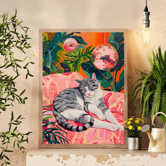 Cozy Disco Gray And White Cat - Disco Cat - Gray Striped Cat Print - Disco Ball Cat Print - Boho Wall Art- Eclectic Bedroom Art - Wall Art, Modern Wall Decor, 24x36 UNFRAMED