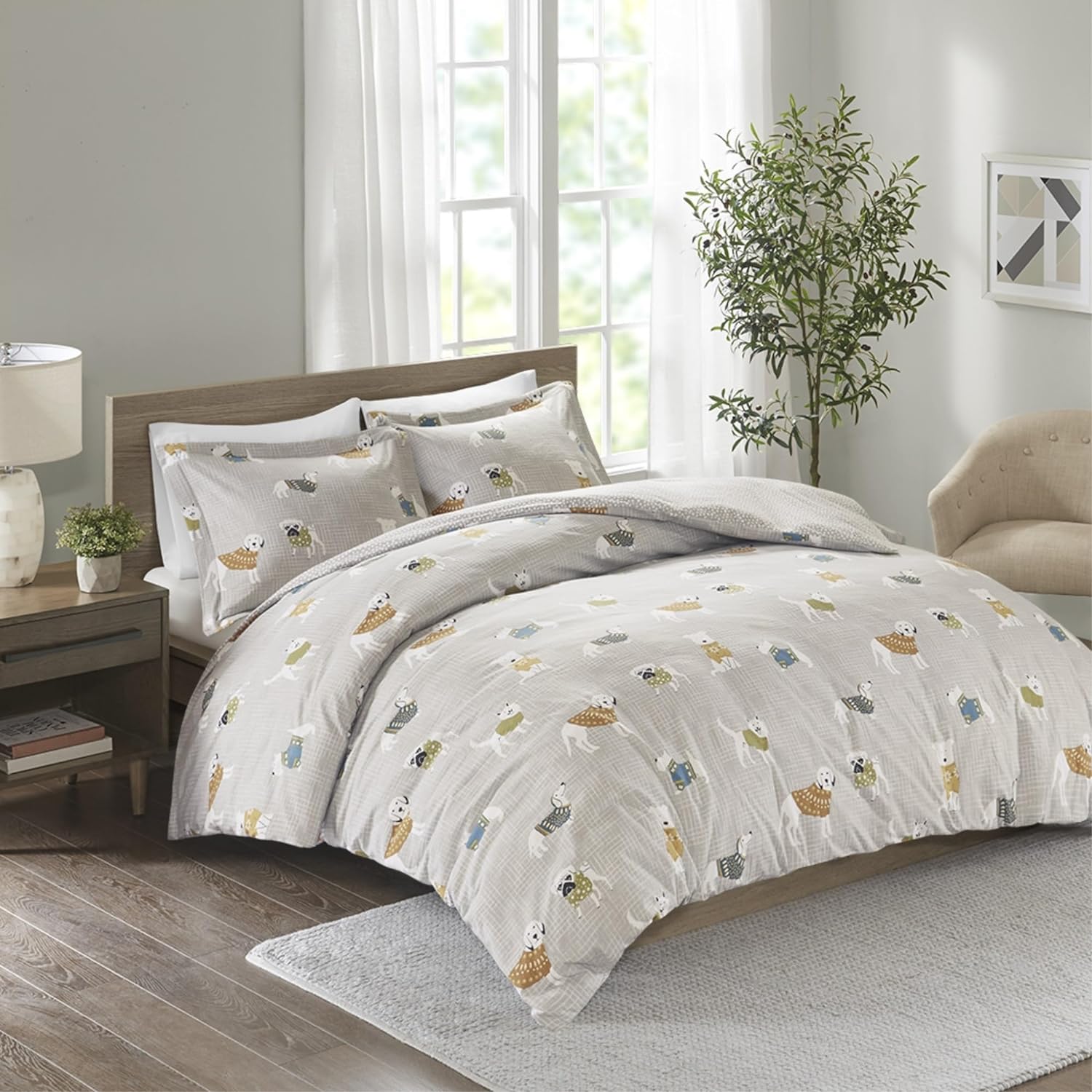 Cozy Dog Print Duvet Cover Set 100 Cotton Flannel, Machine Washable