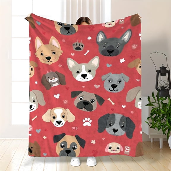 Cozy Dog-Themed Fleece Throw Blanket Suitable for Bed, Couch & Office - Soft Warm Bedspread with Paw Prints, Bones & Cute Dog Faces, Machine Washable, Durable Fleece Fabric