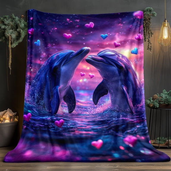 Cozy Dolphin Print Flannel Blanket - Soft & Warm Purple with Heart Design, Perfect for Travel, Camping, Sofa, Living Room, or Bed - Ideal Gift for Family