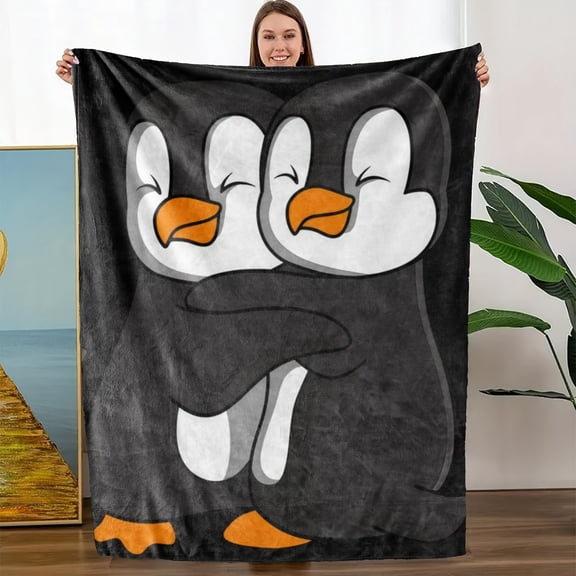 Cozy Double Penguin Flannel Blanket Soft Breathable with Adorable Cartoon Penguins Design Machine Washable Perfect Gift for Family & Friends All Season Use Penguin