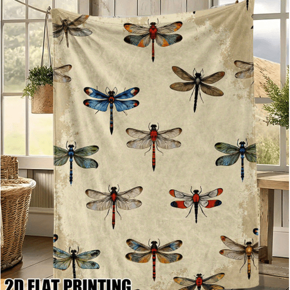 Cozy Dragonfly Throw Blanket - Soft Lightweight Flannel, Vintage Dragonfly Print for Couch, Bed, Office, Travel | All-Season Decorative Gift