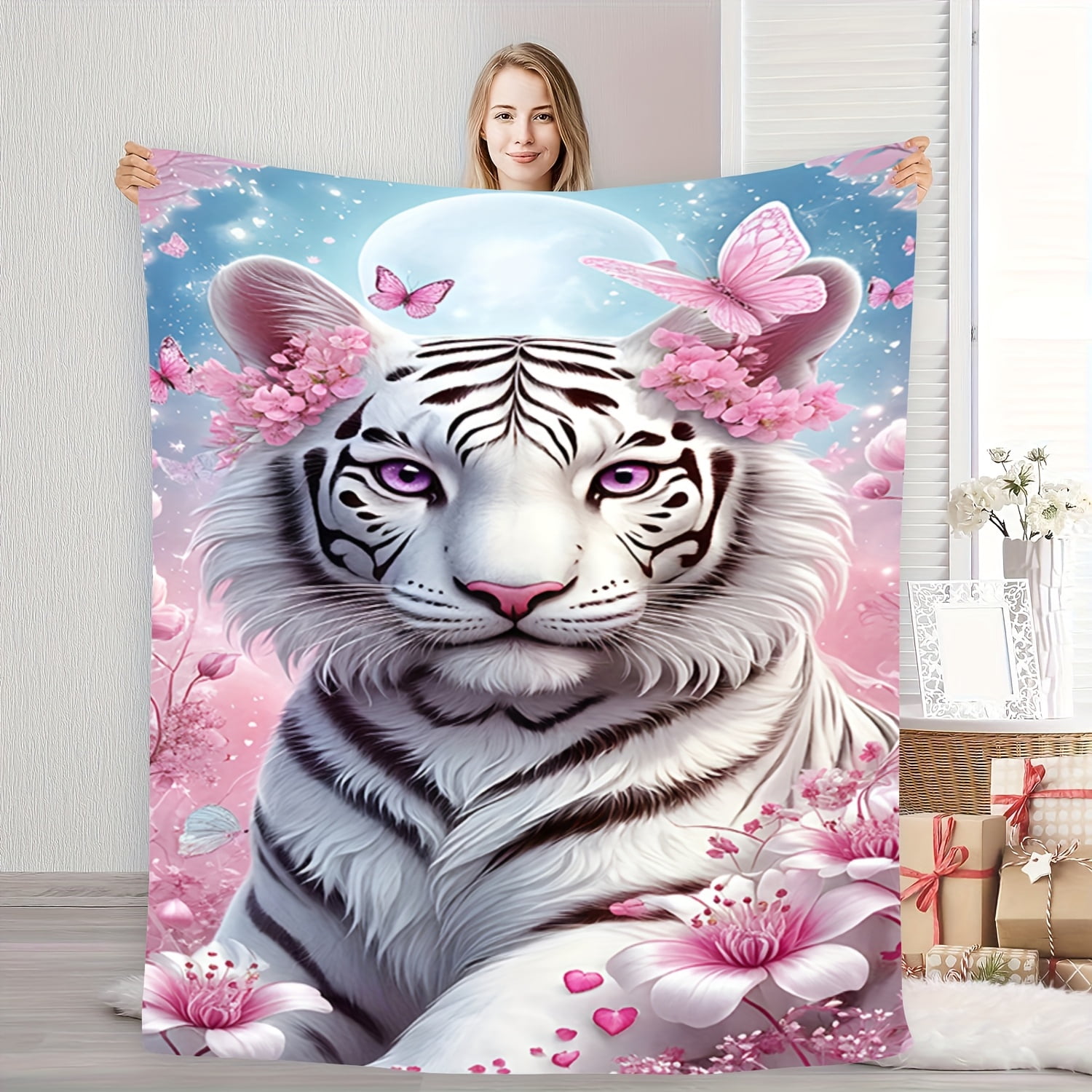 of Cozy Dreamy White Tiger And Pink Flowers Beautiful And Elegant ...