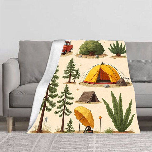 Cozy Durable Flannel Blanket - Soft Warm Throw for Sofa Travel & Bed - Stylish Camping Pattern with Nature Elements