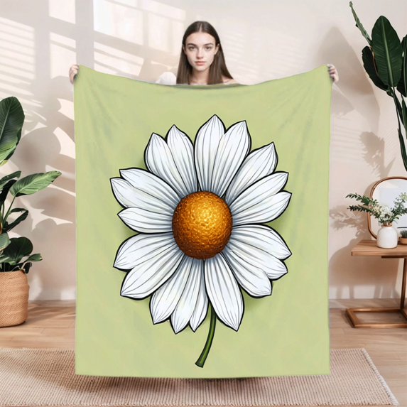 Cozy Durable Flannel Blanket - Soft Warm Throw for Sofa Travel & Bed - Stylish Floral Pattern with White Petals & Orange Center