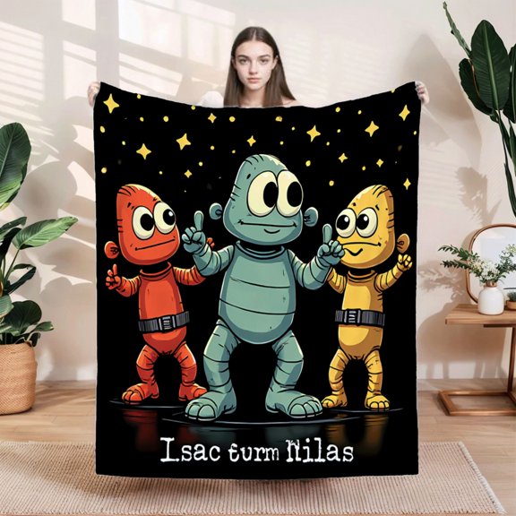 Cozy Durable Soft Flannel Blanket - Perfect for Sofa Travel & Bed - Stylish Cartoon Robot Design with Peace Signs & Stars
