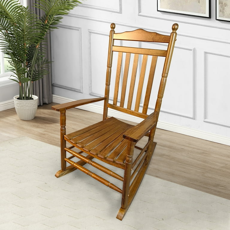 Cozy and Elegant Solid Oak Vintage Style Adult Rocking Chair with Luxurious Cushioned Seat and Backrest Perfect for Your Balcony or Porch Offering