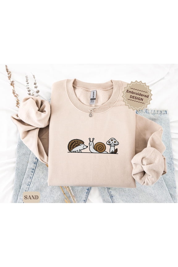 Cozy Embroidered TShirt for Women Cottagecore Mushroom Crewneck Woodland Animal Embroidery