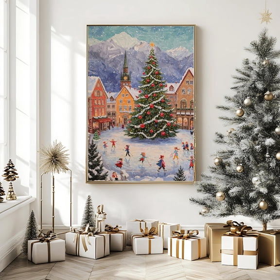 Cozy European Village Wall Art, Festive Winter Town Square With Tree & Skaters, Quaint| Home Decor #5, Unframed Poster Size 24x36