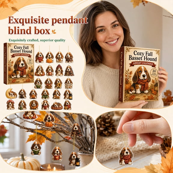 Cozy Fall Basset Hound Advent Calendar,24 Pcs 2D Acrylic Dog Hanging Ornaments for Autumn Countdown and Thanksgiving Home Decor