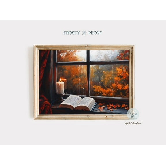 Cozy Fall Candlelit Window Scenery Art Print, Autumn Rain Window View Wall Decor, Fall Reading Nook Art, Wall Art, Modern Wall Decor, 16x24 UNFRAMED