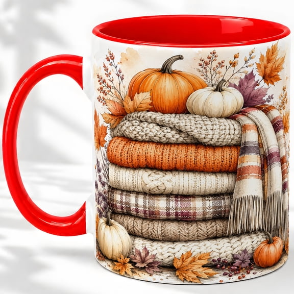 Cozy Fall Pumpkin 11oz Accent Mug, Ceramic Coffee Cup Glossy ceramic mug with autumn pumpkin and knit sweater print for daily coffee or tea