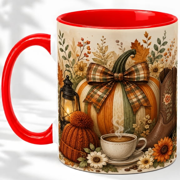 Cozy Fall Pumpkin Accent Mug, 11oz Ceramic Coffee Cup for Fall Decor Ceramic mug featuring plaid bow pumpkin, lantern, knit hat, coffee cup, boot, and flowers