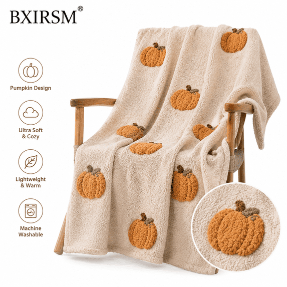 Cozy Fall Pumpkin Throw Blanket, Soft Tufted Fleece Autumn Harvest Decor, Warm Plush Lap & Sofa Blanket for Living Room, Office & Pets, Thanksgiving Halloween Gift