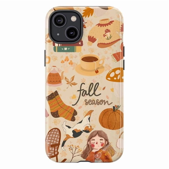 Cozy Fall Season Phone Case, Autumn Leaves, Pumpkin & Tea Aesthetic Protective Cover for iPhone 16 15 14 13 12 11 Pro Max Plus Mini