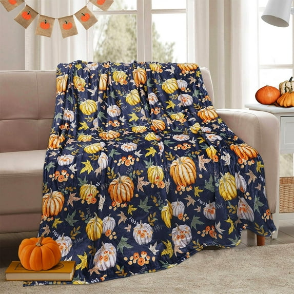 Cozy Fall Throw Blanket for Couch, Autumn Pumpkin Leaves and Berries on Blue Background Blanket Fall Blankets and Throws, 60" x 50"