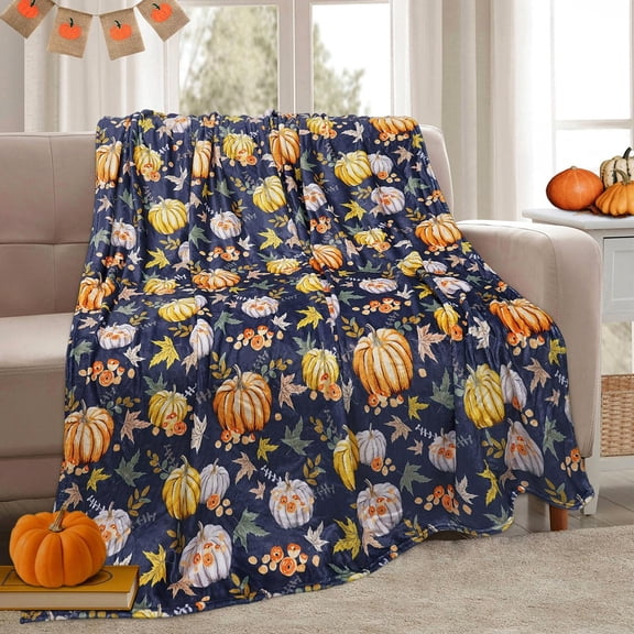 Cozy Fall Throw Blanket for Couch - Soft Autumn Pumpkin Pattern Decorative Throws, 50" x 60" Blue Blanket