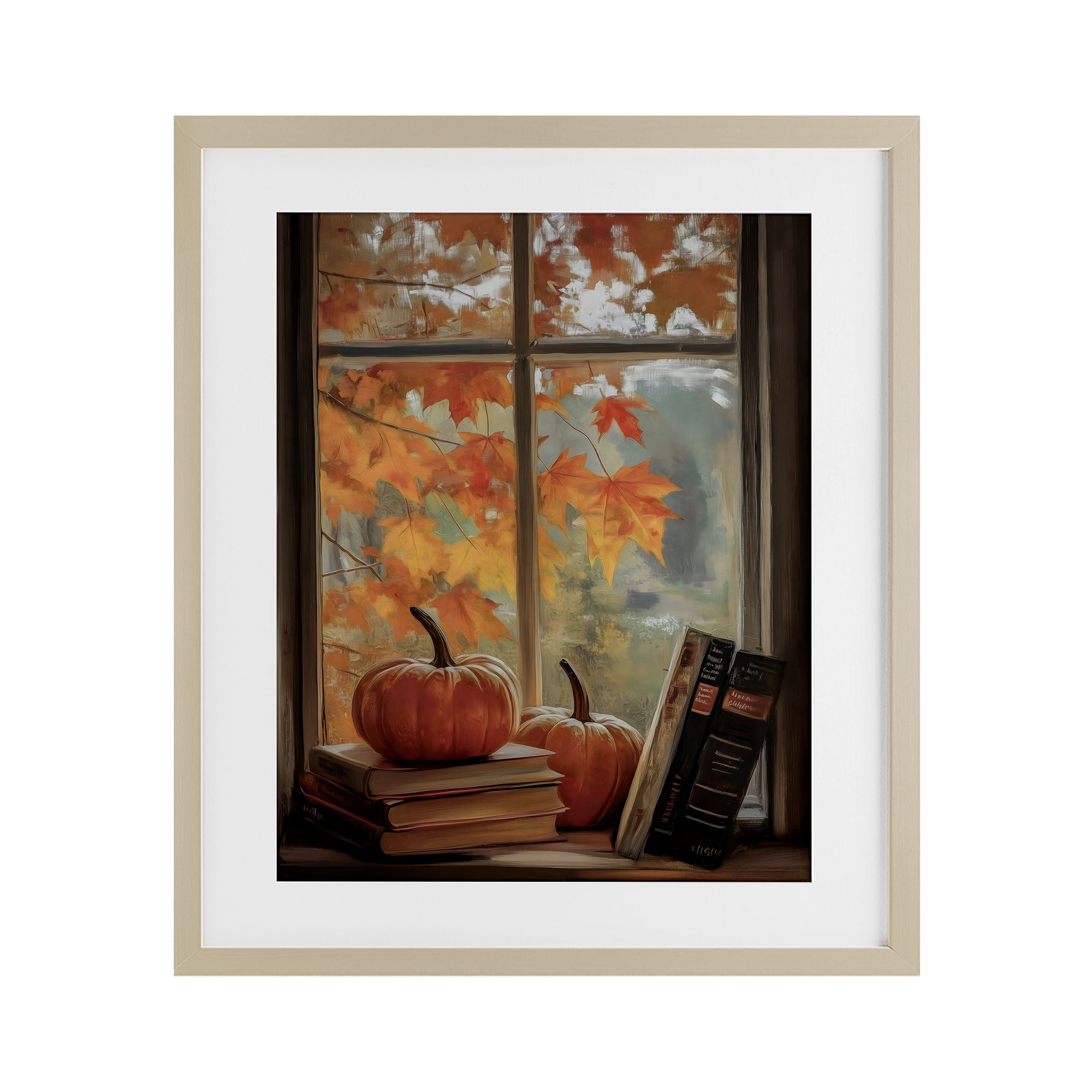 Cozy Fall Window Books Birch Framed Print Under Glass, design by Arlington Prints