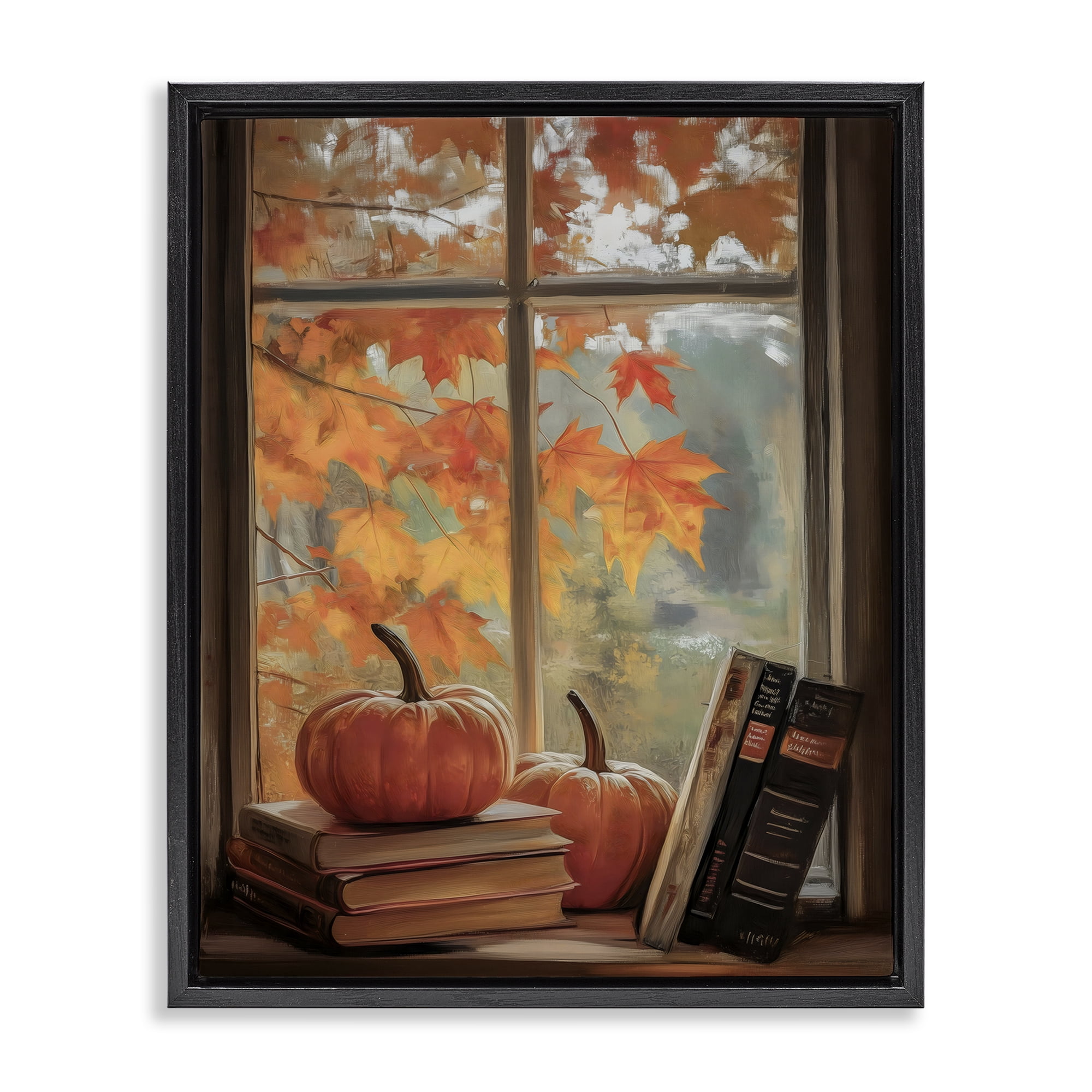 Cozy Fall Window Books Black Framed Floater Canvas Wall Art, design by Arlington Prints