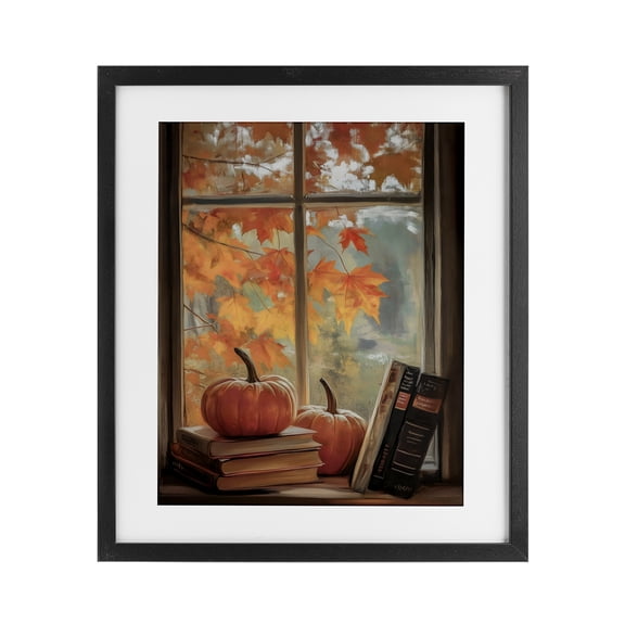 Cozy Fall Window Books Black Framed Print Under Glass, design by Arlington Prints