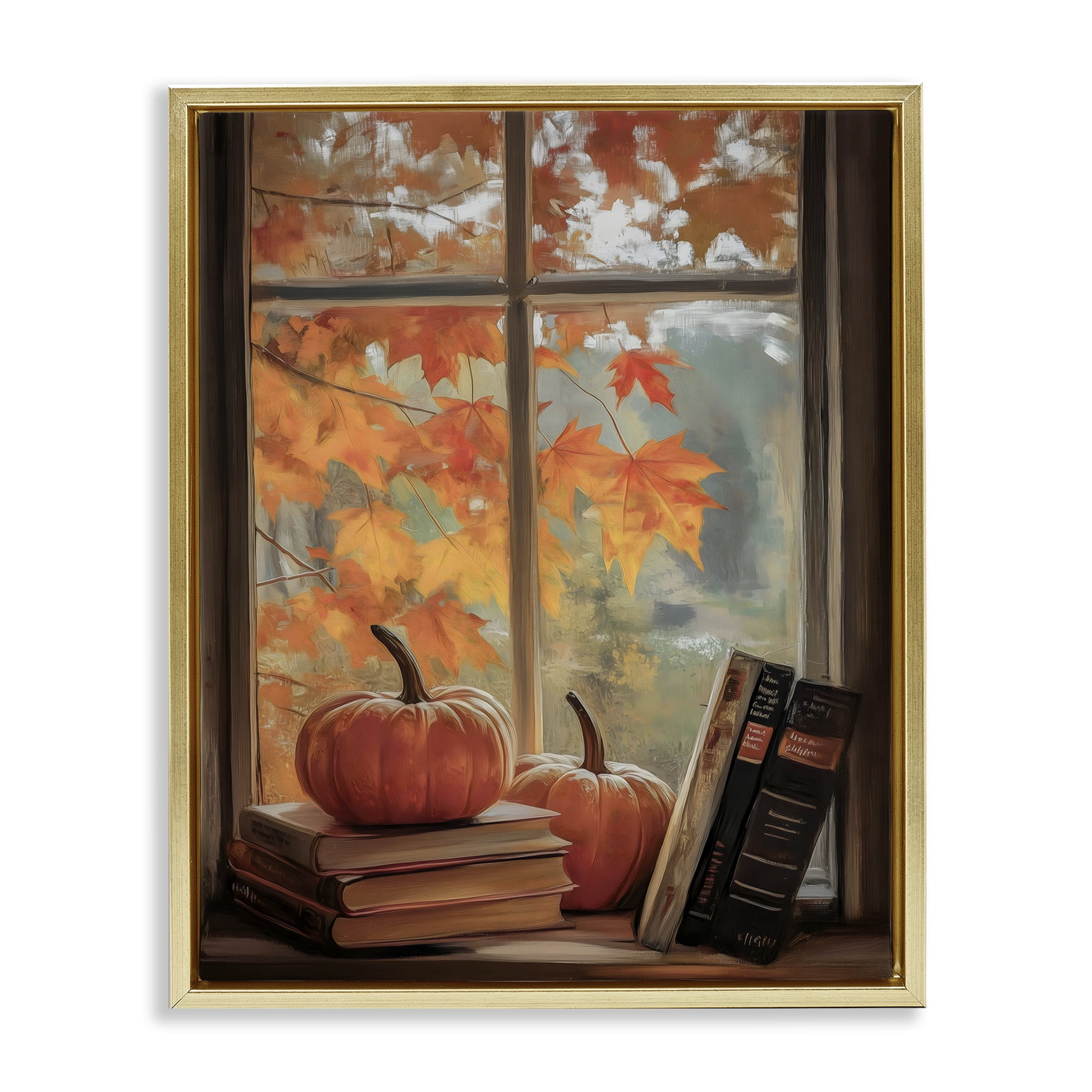 Cozy Fall Window Books Gold Framed Floater Canvas Wall Art, design by Arlington Prints