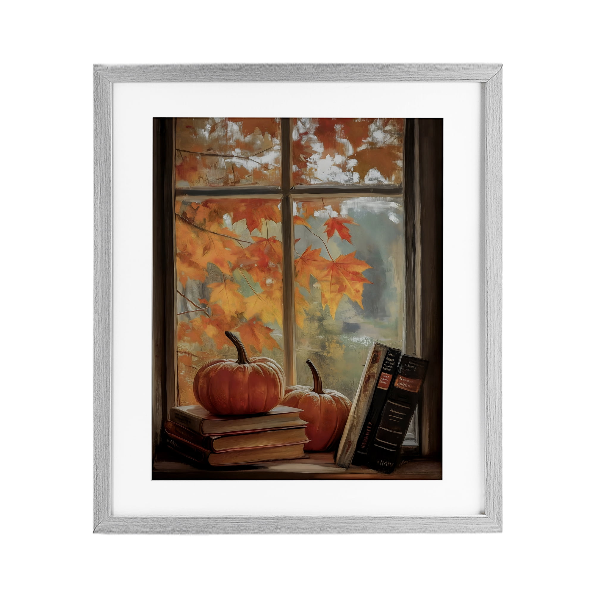 Cozy Fall Window Books Gray Framed Print Under Glass, design by Arlington Prints