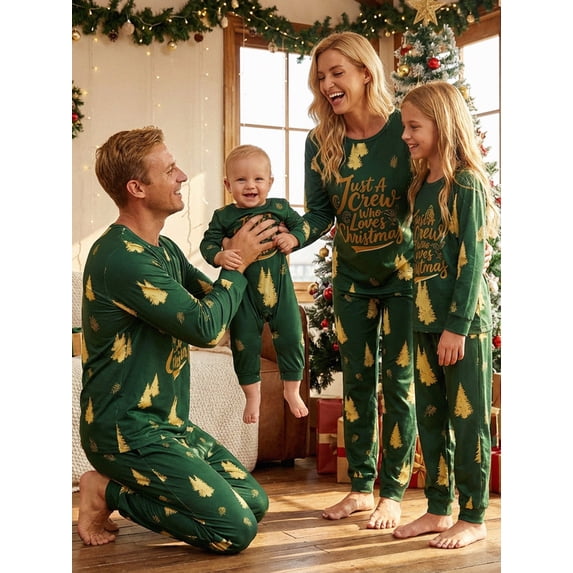 Cozy Family Matching Christmas Pajamas | Tree Letter Print Holiday PJs for Dad Mom Kids