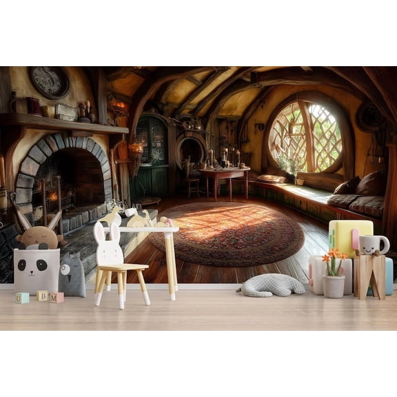 Cozy Fantasy Cottage Fireplace Peel and Stick Wallpaper Mural, Removable Woodland Storybook Wall Mural for Nursery Kids Room Playroom, Rustic Wall Decor