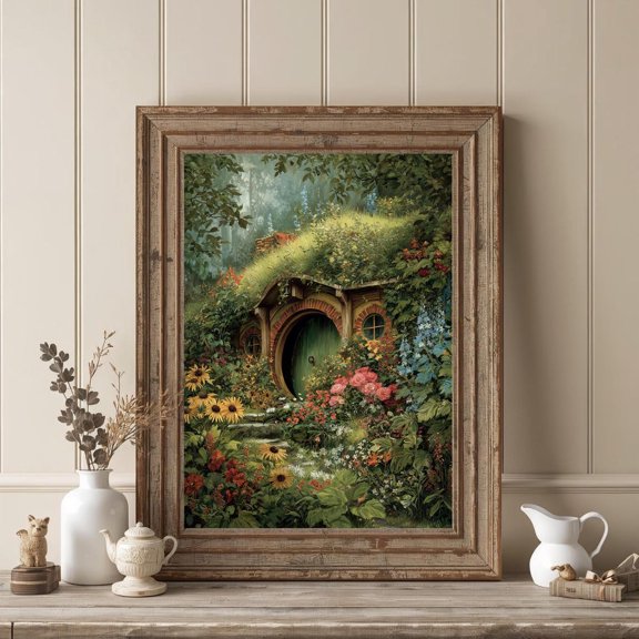 Cozy Fantasy Cottage Wall Art, Whimsical Forest Home Illustration, Unframed Paper Poster 8x10in